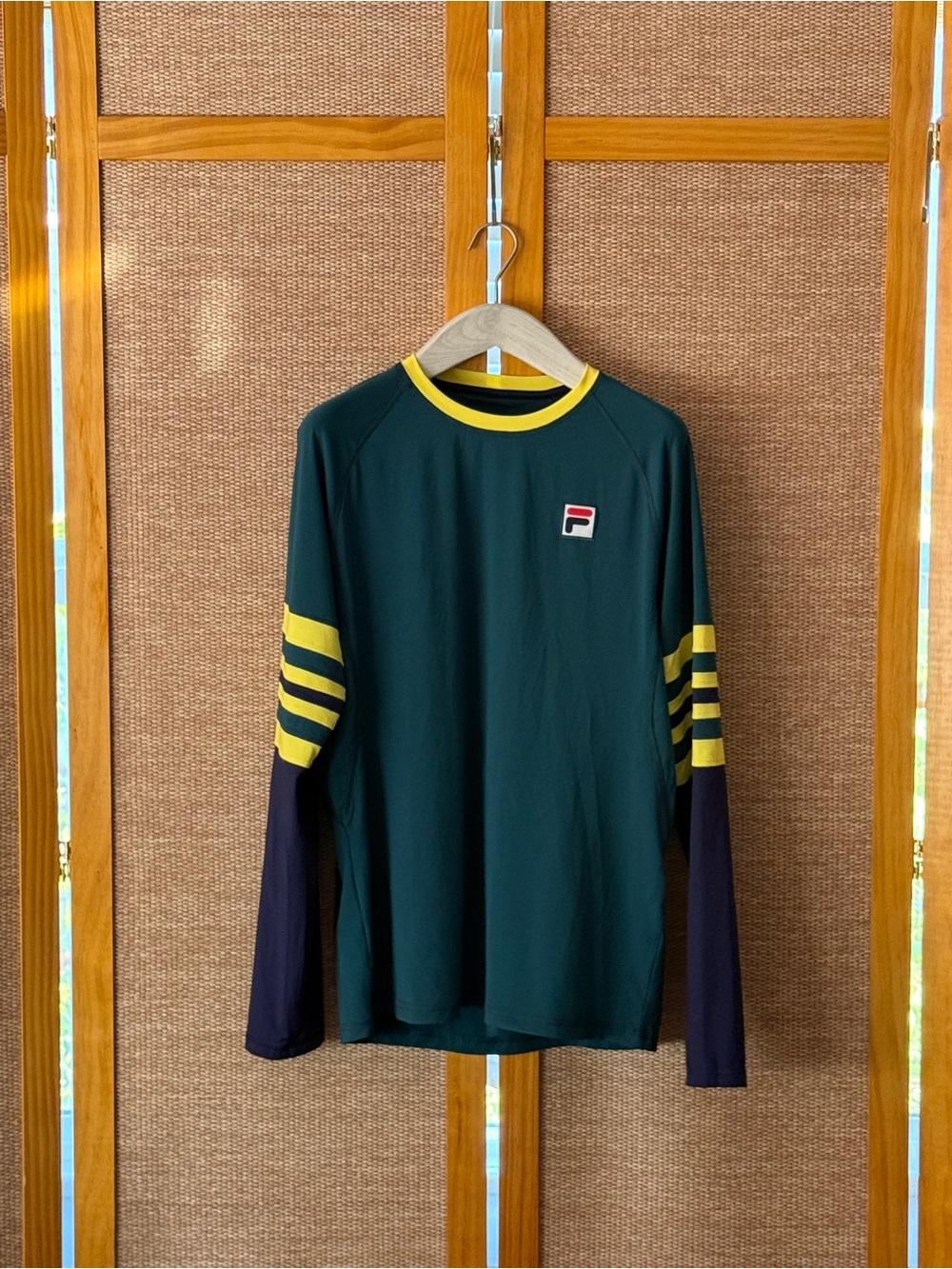 Fila Men's Dark Green Long Sleeve Crew with Yellow Trim and Navy Sleeves
